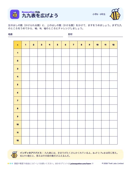 プリント「九九表を広げよう」のプレビュー