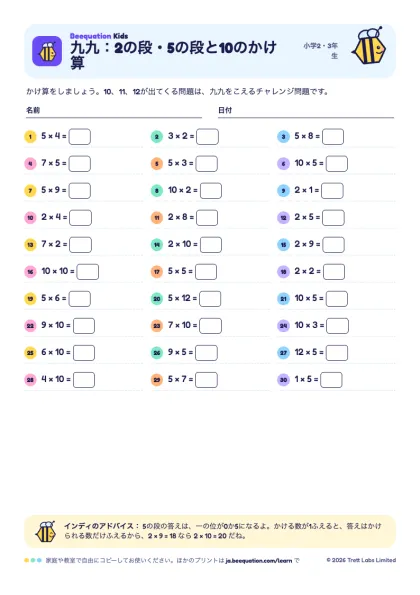プリント「九九：2の段・5の段と10のかけ算」のプレビュー